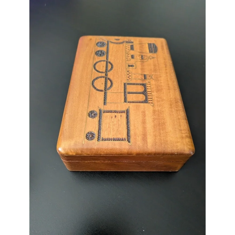 Vintage Wooden Jewelry Box Trinket Box Etched Train Design Poland 5.5